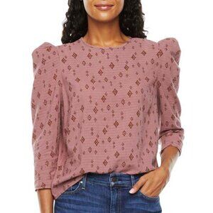 A.N.A. Womens Mauve Pink Woven Cotton Puff Sleeve Blouse Top Geometric Print S